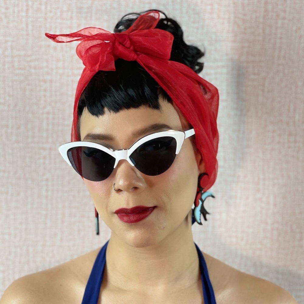 Perfect Pinup White Retro Cateye Frameless Bottom Half Rim Vintage Sunglasses - Picture 5 of 7